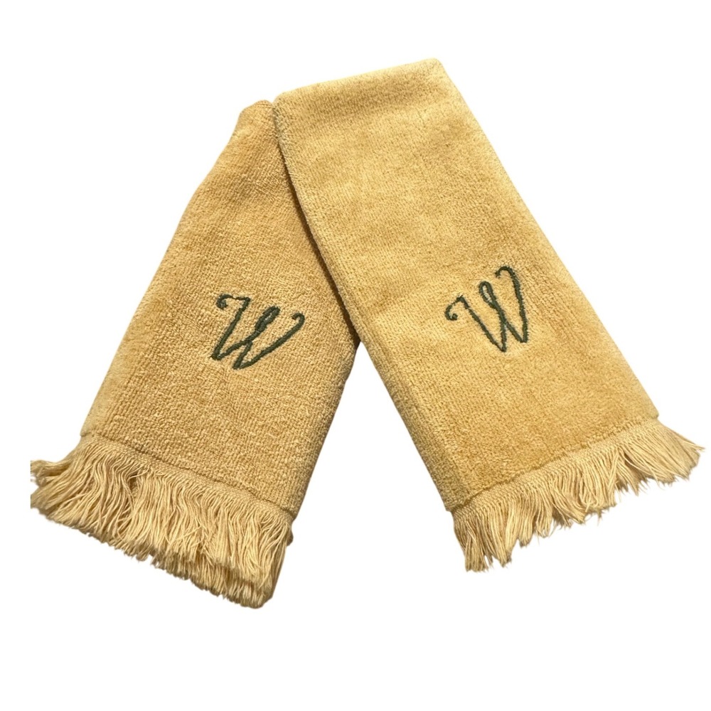 Vintage Fieldcrest Hand Towels Yellow Gold Monogrammed "W" MCM USA Cotton Fringe